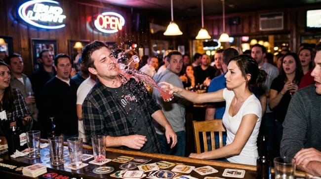A crowded Friday night in Austin — a man approaches a woman at the bar