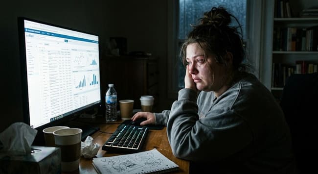 Ashley at her computer at night, researching