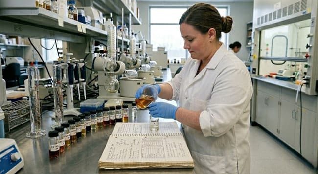 Ashley in the lab with extracts and notebooks